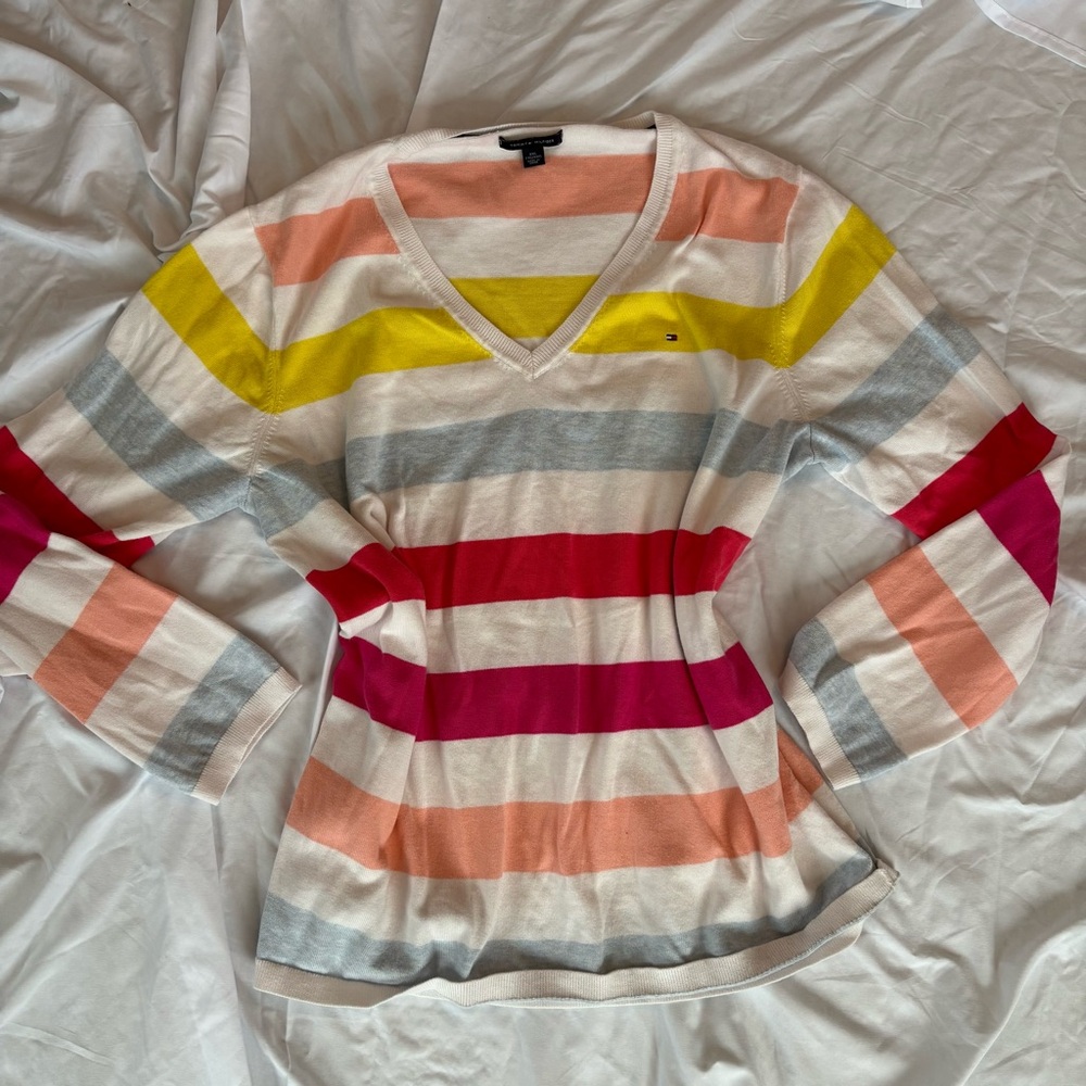 Tommy Hilfiger 100% Cotton V-Neck Striped Sweater - Multicolor Rainbow Sz XXL